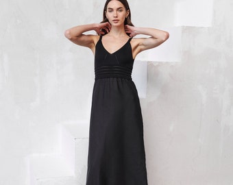 INGEBORG Linen Minimalist Black Sleeveless Midi Dress with Cotton Knitted Top, Linen Midi Dress for Special Occasions