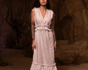 Robe midi en lin blanche avec col en V et volants, Robe sans manches en lin pour une occasion spéciale, Robe de mariée simple, Robe d'été en lin blanche