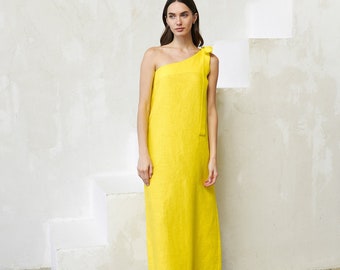 One Shoulder Yellow Linen Maxi Dress, Linen Long Dress for Special Occasion, Elegant Evening Dress, Wedding Guest Dress