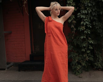 One Shoulder Linen Orange Maxi Dress, Linen Long Dress for Special Occasion, Elegant Evening Dress, Wedding Guest Dress