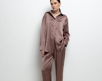 Silk Satin Oversized Women Suit in Taupe Brown, Silk Satin Luxe Lounge Shirt and Pants Set