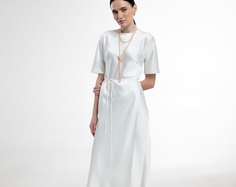 White Satin Silk Wrap Dress, Simple Wedding Dress, Silk Midi Dress for Special Occasion, Wedding Guest Dress, Graduation Dress