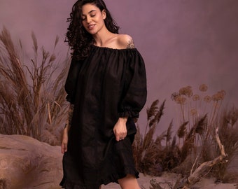 Black Linen Midi Dress with Short Sleeves IRENA, Open Back and Lace Details, Smart Casual Summer Black Linen Dress with Lace Details