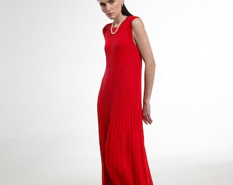 Cotton Knitted Red Maxi Dress VERA, Elegant Cotton Rib Knit Sleeveless Long Summer Dress for Special Occasion