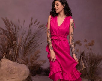 Leinen Fuchsia Midi Kleid mit V-Ausschnitt und Rüschen, Ärmelloses Leinen Kleid für besondere Anlässe, Fuchsia Leinen Sommerkleid