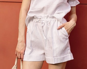 White Linen Paperbag Women Shorts MAY, High Waist with Drawstring and Pockets, Smart Casual Wide Leg, Pull On Linen Lounge Shorts for Women