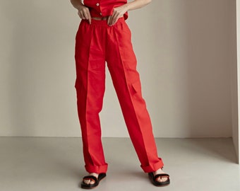 Red Cargo Linen Pants for Women, Linen Straight Pull On Women Urban Trousers with Pockets, Long High Waist Linen Pants for Women