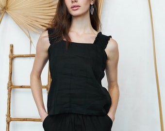 OLYA Black Linen Sleeveless Summer Top with Wide Frilled Straps, Minimalist Black Linen Women Blouse for Everyday