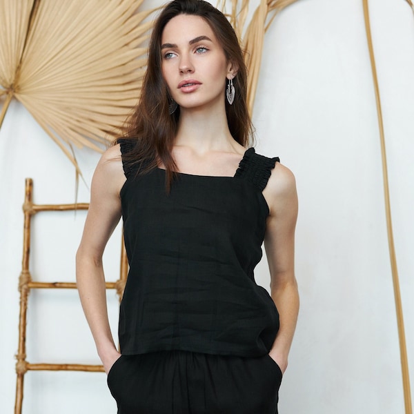 OLYA Black Linen Sleeveless Summer Top with Wide Frilled Straps, Minimalist Black Linen Women Blouse for Everyday