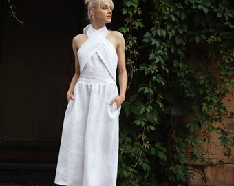 TULIPS White Linen Halter Neck Dress, Special Occasion Linen Midi Dress, Wedding Guest Dress, Graduation, Special Occasion Dress