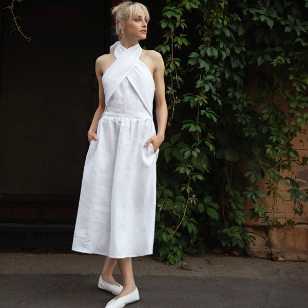 TULIPS White Linen Halter Neck Dress, Special Occasion Linen Midi Dress, Wedding Guest Dress, Graduation, Special Occasion Dress