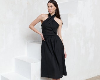 TULIPS Robe midi en lin noir Halter Neck, robe sans manches en lin pour occasion spéciale, invité de mariage, remise des diplômes, robe pour occasion spéciale