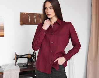 Chemise ajustée en lin pour femme, manches longues, chemisier en lin grenat décontracté élégant pour femme