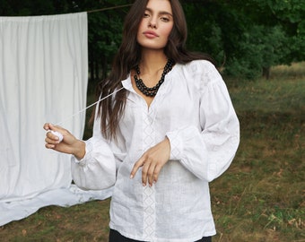 White Linen Embroidered Ukrainian Vyshyvanka Shirt for Women, Boho Chic Linen Embroidered Women Blouse