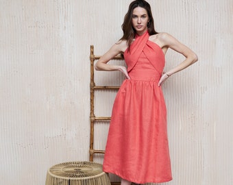 TULIPS - Robe midi en lin corail dos nu, Robe sans manches en lin pour occasion spéciale, Invitée à un mariage, Remise de diplôme, Robe pour occasion spéciale