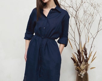 DANA Robe chemise en lin bleu marine à manches longues, boutonnée, longue robe chemise en lin décontractée élégante