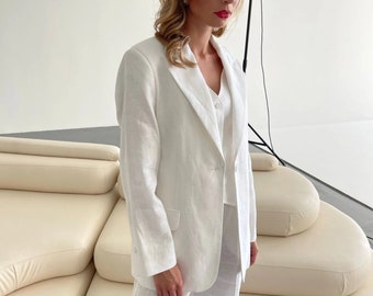 Blazer classico da donna in lino bianco, giacca in lino da donna, giacca da abito da donna in lino sciolto casual elegante