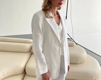 Blazer femme classique en lin blanc, veste en lin pour femme, veste de costume ample décontractée élégante pour femme