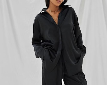 Silk Satin Oversized Black Women Suit, Silk Satin Luxe Lounge Shirt and Pants Set