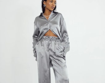 Satin Silk Oversized Silver Gray Women Suit, Silk Satin Luxe Lounge Shirt and Pants Set, Luxe Lounge Suit