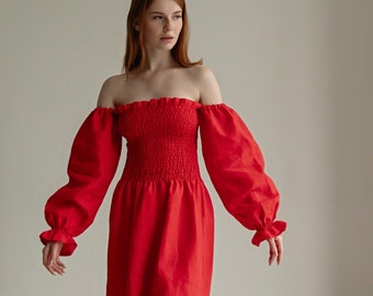 Linen Off The Shoulder Red Midi Dress OLENA, Special Occasions Off Shoulder Red Linen Dress, Wedding Guest Dress