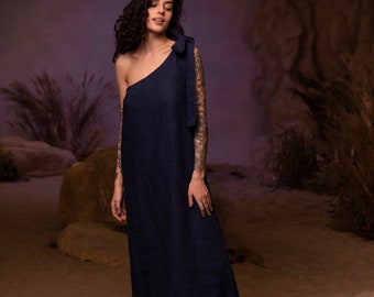 Linen One Shoulder Jean Maxi Dress, Linen Long Dress for Special Occasion, Elegant Denim Dark Blue Evening Dress