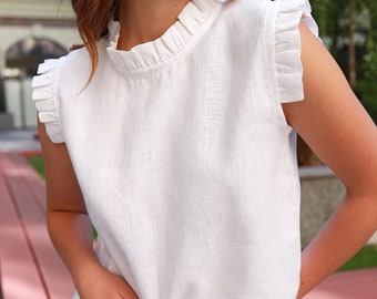 KATRYA Whitel Linen Sleeveless Summer Top with Frilled Details,  Linen Smart Casual Sleeveless Blouse for Women