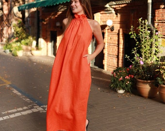 SEVILLE Robe longue orange dos nu en lin, robe en lin pour événement spécial, robe de soirée de gala