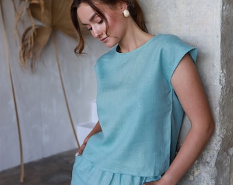 Minimalist Cyan Linen Women Top, Smart Casual Summer Sleeveless Linen Blouse for Women, Everyday Summer Top for Women