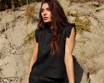 KATRYA Black Linen Sleeveless Summer Top with Frilled Details,  Linen Smart Casual  Summer Blouse for Women