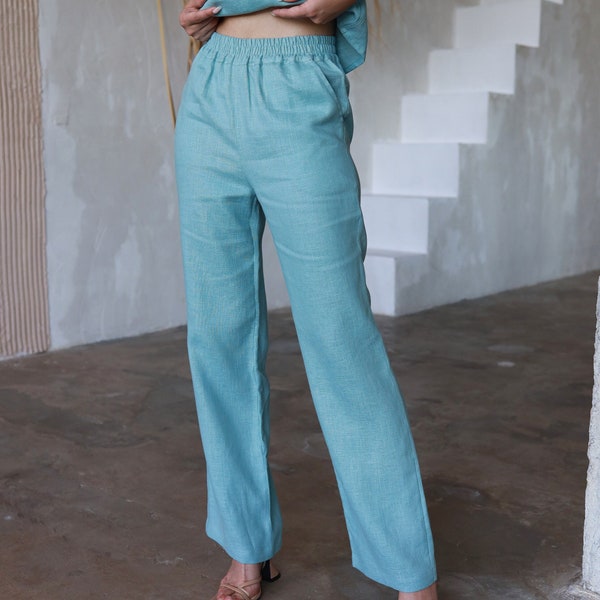 Linen Cyan Straight Leg Pull On Women Pants JULY, Elegant Long Mid Waist Linen Trousers for Women