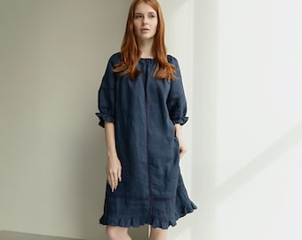 Linen Blue Denim Midi Dress with Short Sleeves IRENA, Open Back and Lace Details, Smart Casual Summer Jean Linen Dress with Lace Details