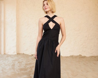 Schwarzes Leinen Crossover Midi Kleid, Leinen ärmelloses langes Kleid für besondere Anlässe mit verstellbaren Trägern