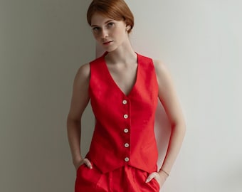 Red Linen Vest for Women, Sleeveless Linen Womens Smart Waistcoat Top, V Neck Linen Elegant Top for Women