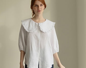 Peter Pan Collar White Linen Blouse MARTA with Medium Sleeves, Smart Casual Linen Shirt for Women