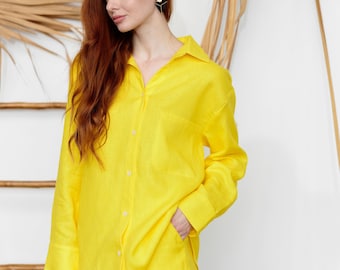 Oversized Yellow Linen Women Shirt, Boyfriend Women Linen Blouse, Long Sleeves Loose Fit Linen Shirt for Women