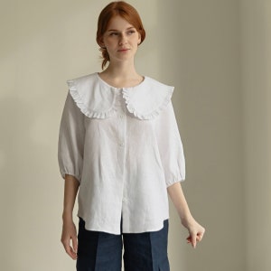 Peter Pan Collar White Linen Blouse MARTA with Medium Sleeves, Smart Casual Linen Shirt for Women, Classic Womens Shirt