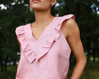 Linen Dusty Pink Summer Top JULIA, Sleeveless, V-Neck and Frilled Details, Linen Smart Casual Blouse for Women