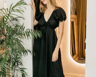 Linen Midi Dress with Open Back OLESYA, Linen Long Dress with Short Sleeves for Special Occasion, Graduation, Wedding Guest Dress