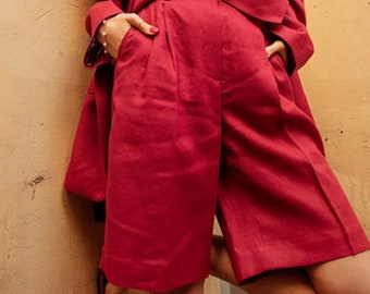 Linen High Rise Wide Leg Women Bermuda Shorts, Smart Casual Garnet Linen Long City Shorts for Women