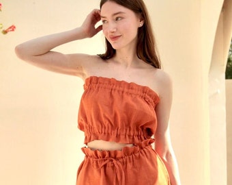 Linen Bralette, Orange Linen Cami Crop Top for Women, Linen Summer Tank Top for Women