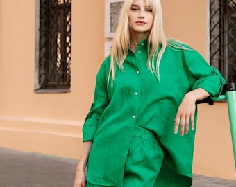 Linen Oversized Green Shirt with Long Sleeves for Women, Boyfriend Women Linen Blouse, Long Sleeves Loose Fit Linen Shirt for Women