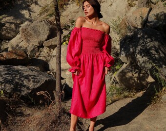 OLENA Off The Shoulder Linen Fuchsia  Dress for Special Occasions, Linen Wedding Guest Dress