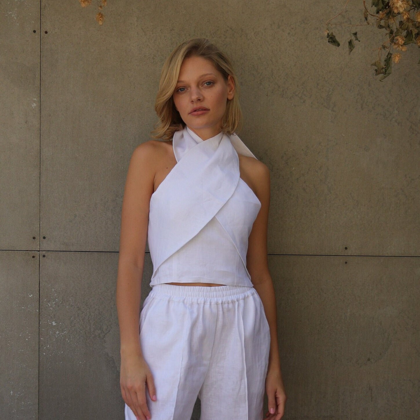 Beige Linen Halter Neck Top With Open Front Detail