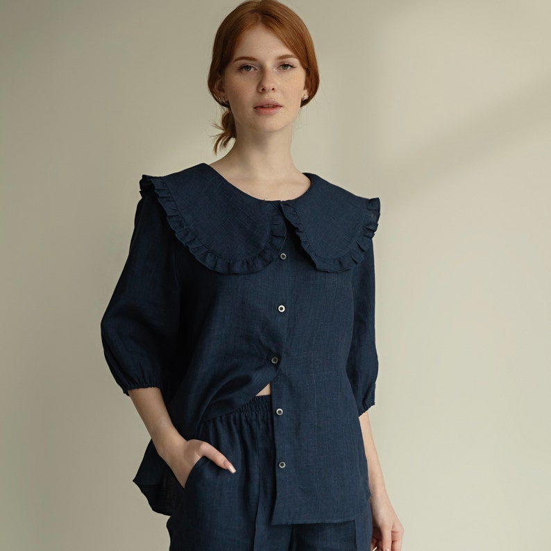 Jean Linen Blouse with Peter Pan Collar MARTA, Medium Sleeves, Loose Fit, Smart Casual Linen Dark Blue Denim Shirt for Women image 3