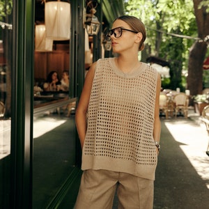 Cotton Knitted Beige Top, Camel Crochet Summer Top, Summer Tank Top, Sleeveless Knitted Top
