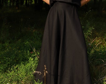 Black Linen Maxi Skirt IVANA, Linen A-Line Flowy Midi Skirt with Elastic Waist, Smart Casual Long Skirt