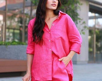 Linen Fuchsia Oversized Women Shirt, Boyfriend Women Fuchsia Linen Blouse, Long Sleeves Loose Fit Pink Linen Shirt for Women