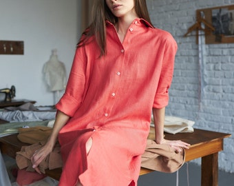 DANA Linen Midi Shirt Dress in Coral Pink with Long Sleeves, Button Down, Smart Casual Linen Midi Shirt Dress