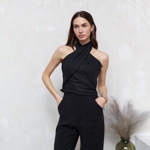 Black linen halter neck summer blouse